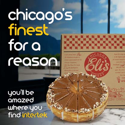 A cheesecake sitting next to a brand with the Eli's Cheesecake Company logo