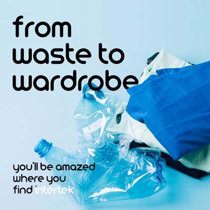 Collapsed water bottles next to clothes made from recycled materials